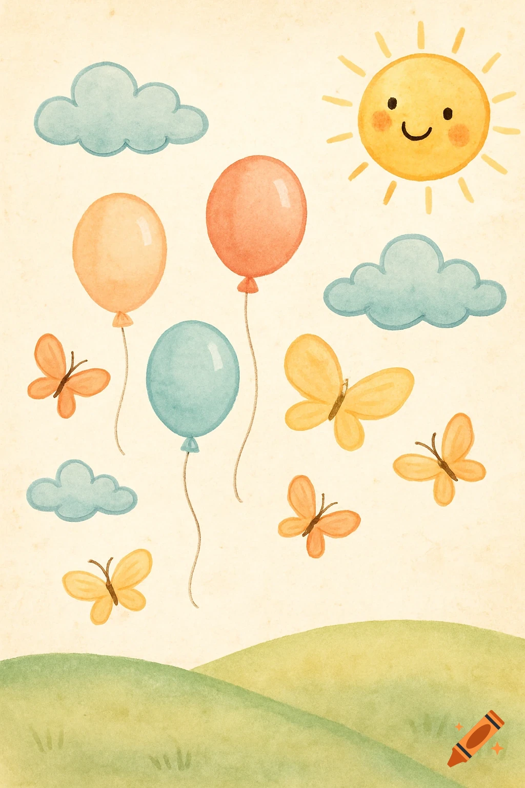 Watercolor illustration of a smiling sun, clouds, balloons, and butterflies above green hills.