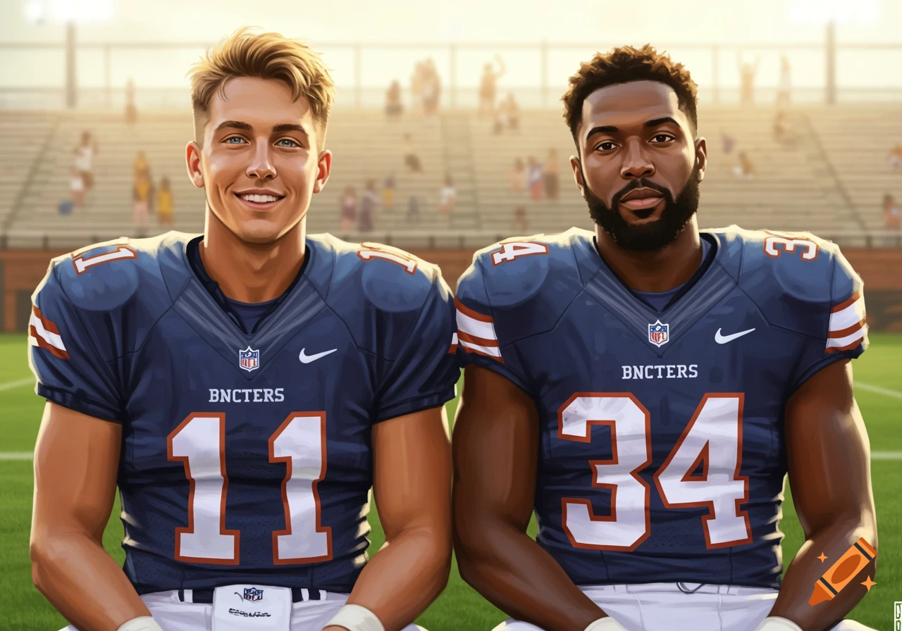 Two male football players in blue jerseys with numbers 11 and 34 sit side-by-side on a field with a stadium background.