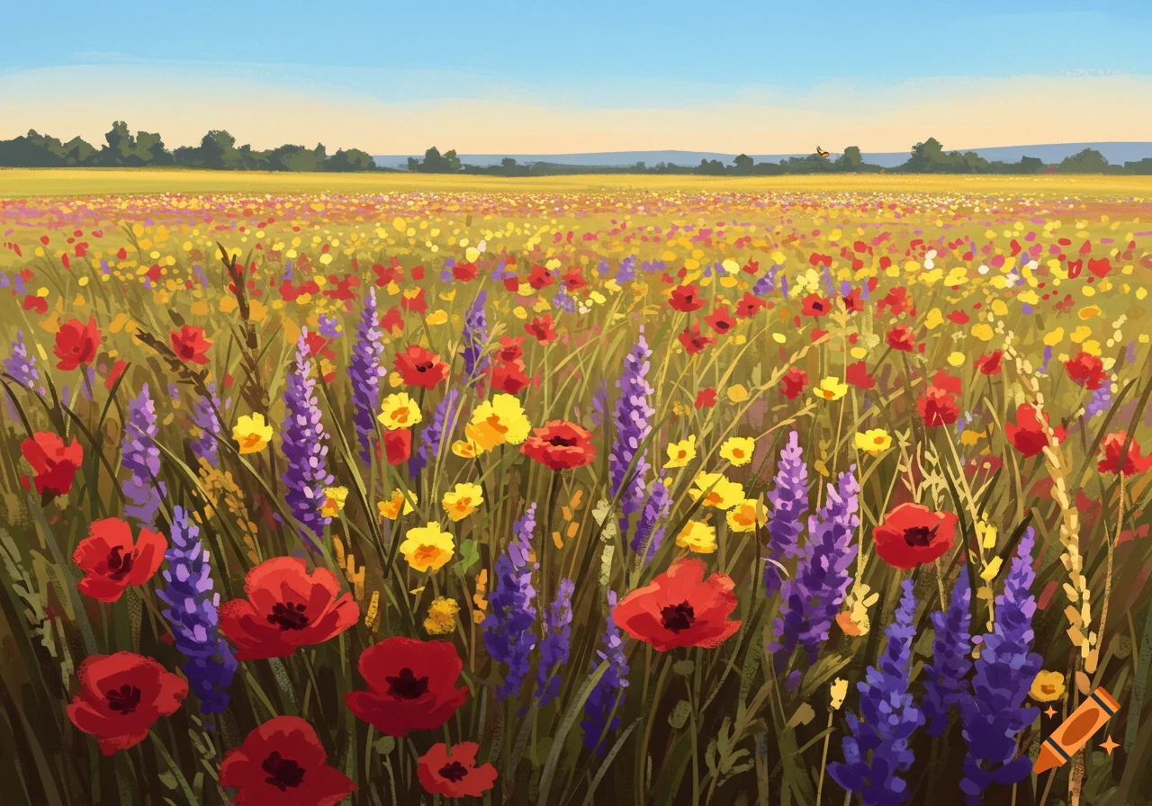 A vibrant field filled with red poppies, yellow wildflowers, and purple lupines under a clear blue sky in a painterly style.