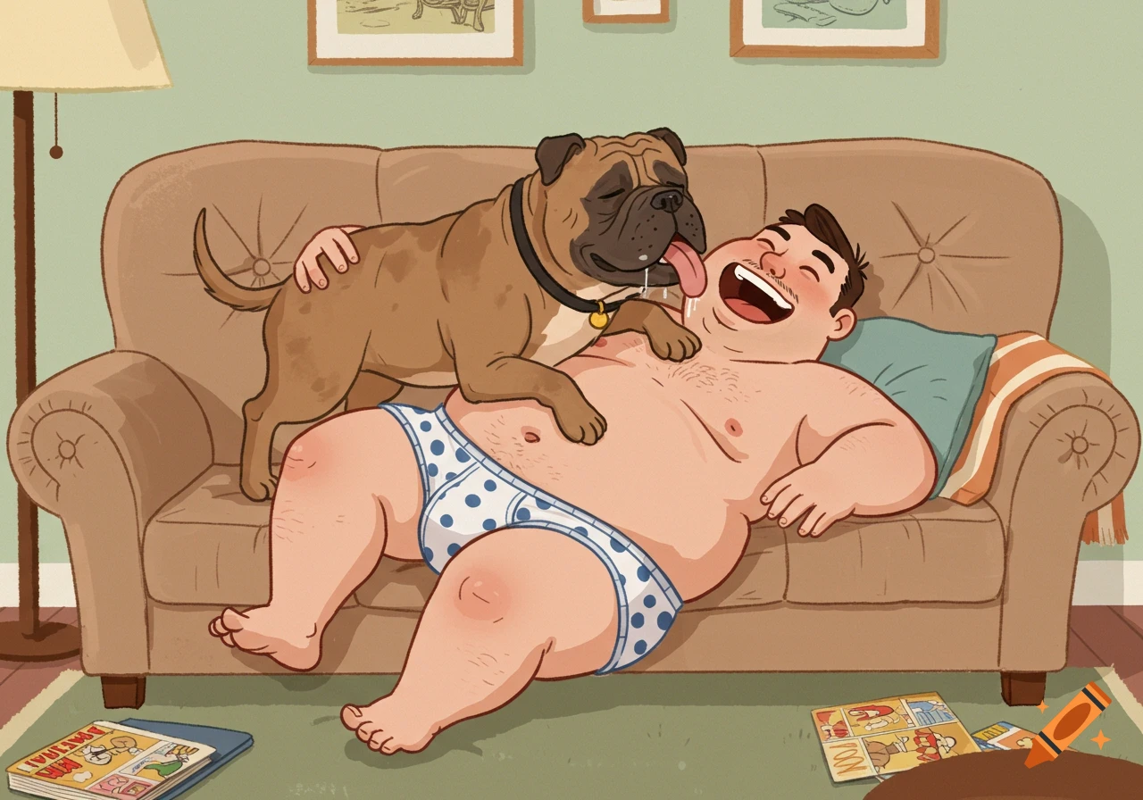 A chubby cartoon man in underwear lies on a sofa, laughing as a large bullmastiff dog licks his face.