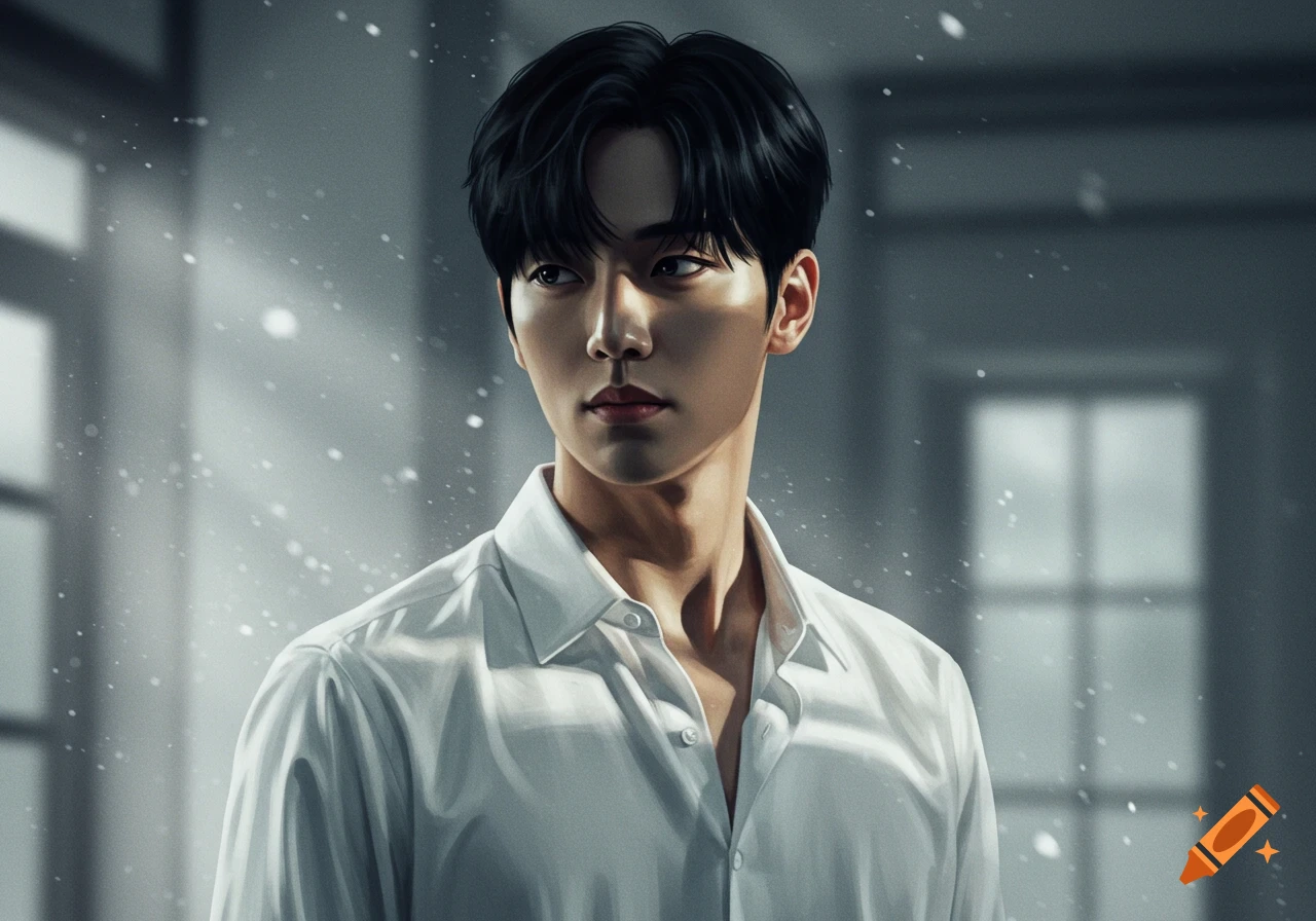 Digital art portrait of a handsome young Korean man with a serious face in a white shirt, looking off-camera.