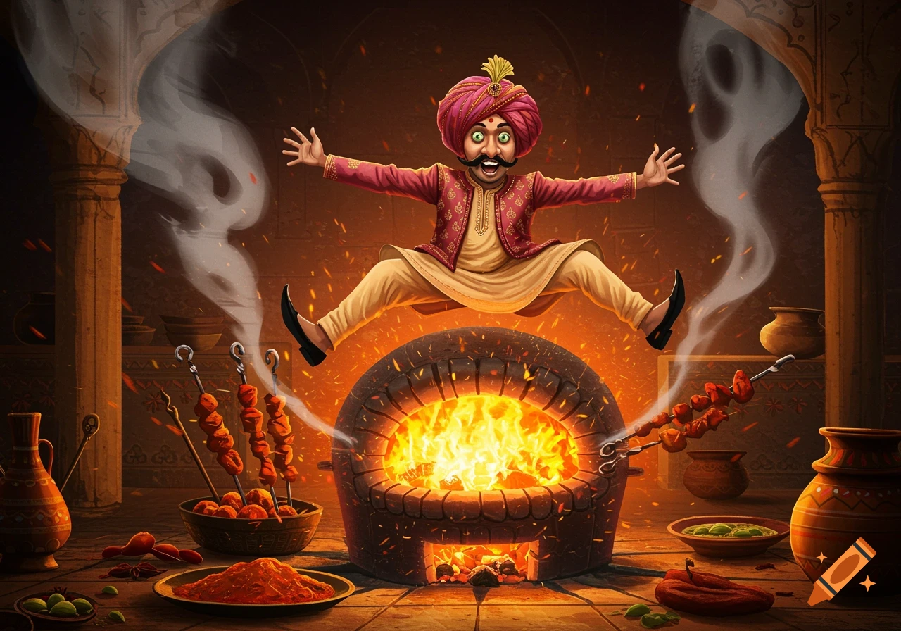 Cartoon of an Indian man in a turban jumping over a tandoori oven, surrounded by cooking skewers and spices.