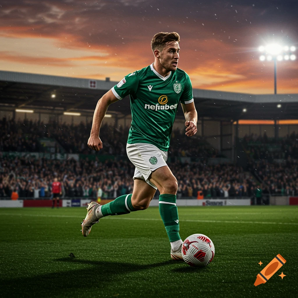 A male soccer player in a green and white uniform runs with a ball on a stadium pitch at sunset.