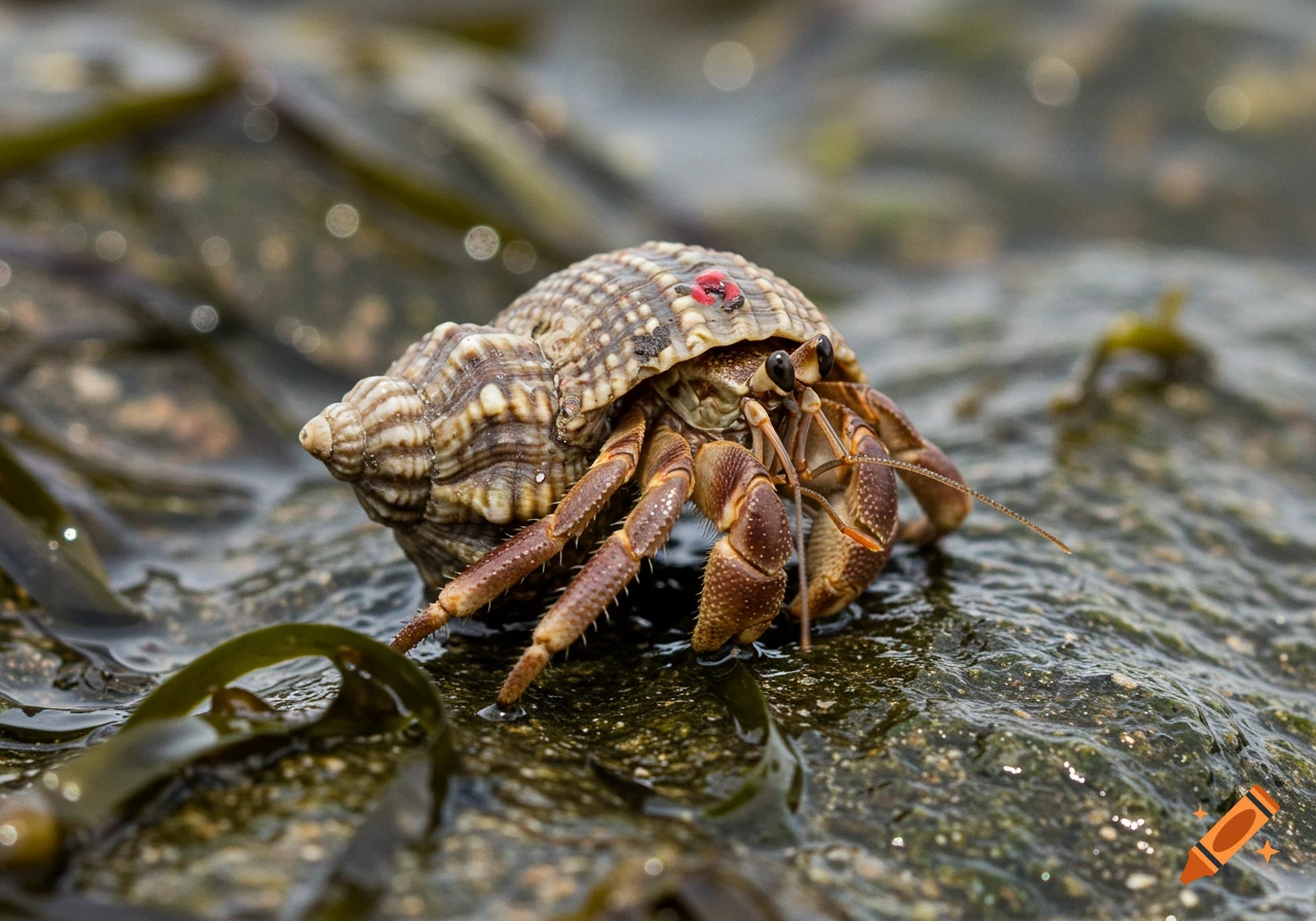 A close-up, photorealistic image of an Acadian hermit crab with a red dot on its shell, on wet rocks and seaweed in a tide pool.