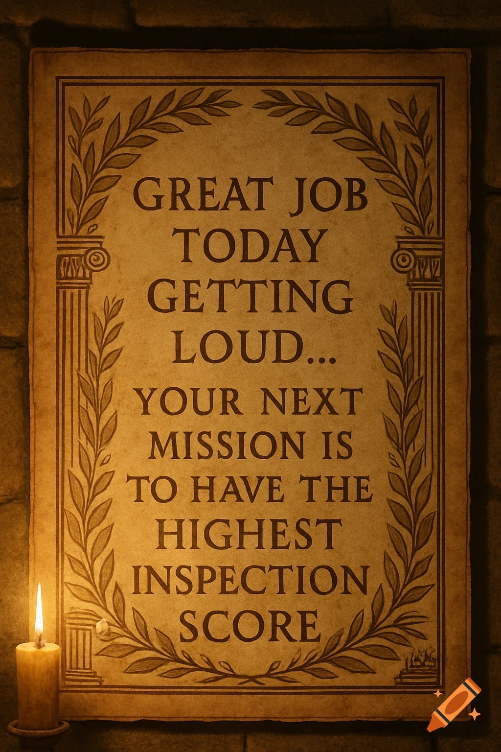 An aged, parchment-like poster with an ornate border, illuminated by a flickering candle. The text reads 'Great Job Today Getting Loud... Your next mission is to have the highest inspection score.'