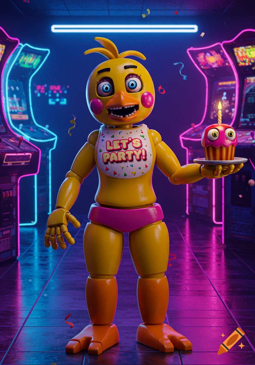 Toy Chica animatronic holding a cupcake with a candle in a neon-lit arcade setting.