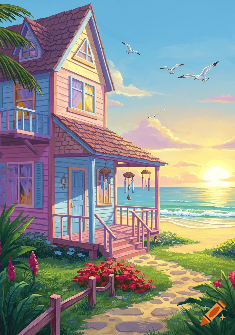 A colorful, vibrant two-story house stands on a sandy beach at sunset, with seagulls flying over the ocean.
