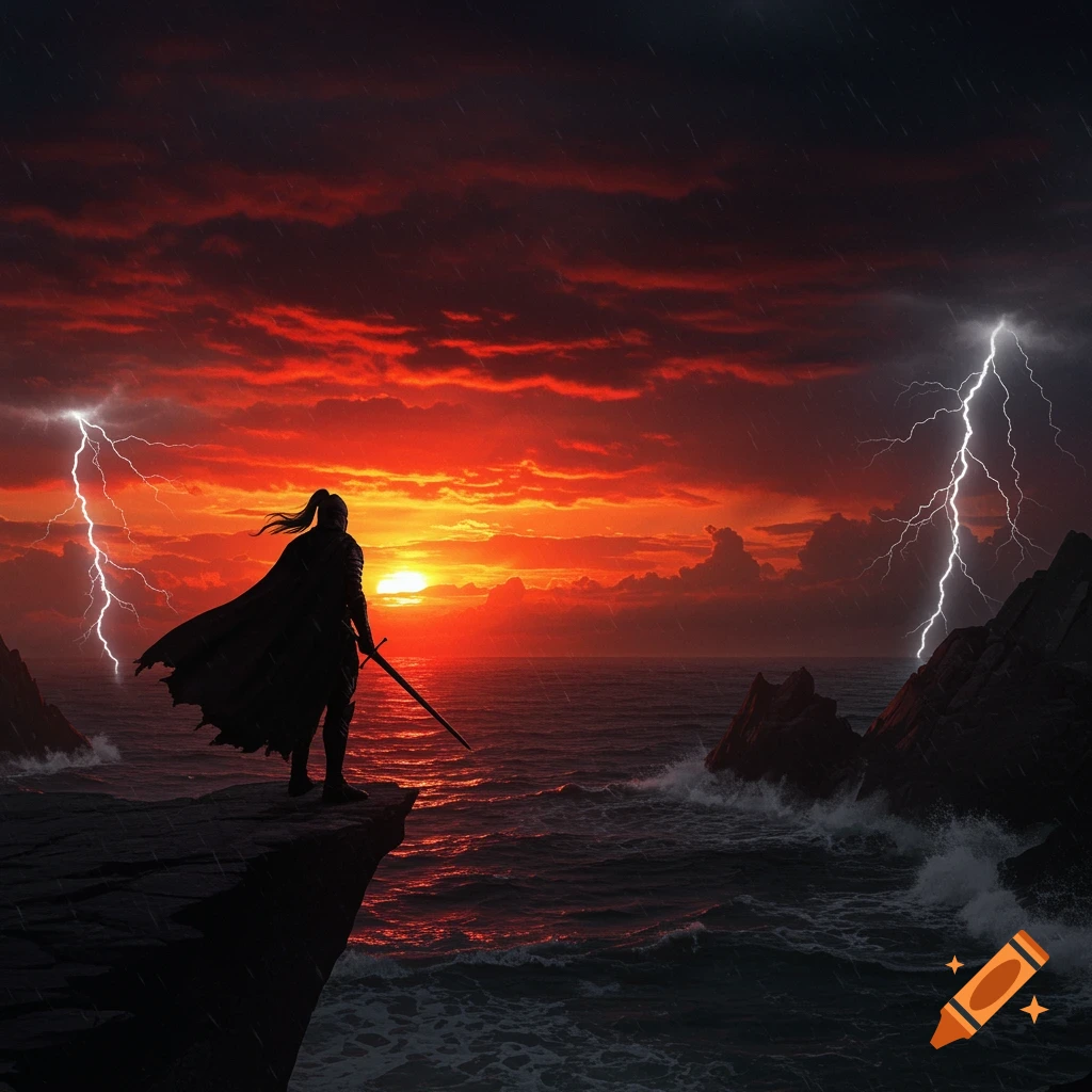 A lone cloaked warrior with a sword stands on a cliff overlooking a stormy sea under a fiery red sunset and lightning.