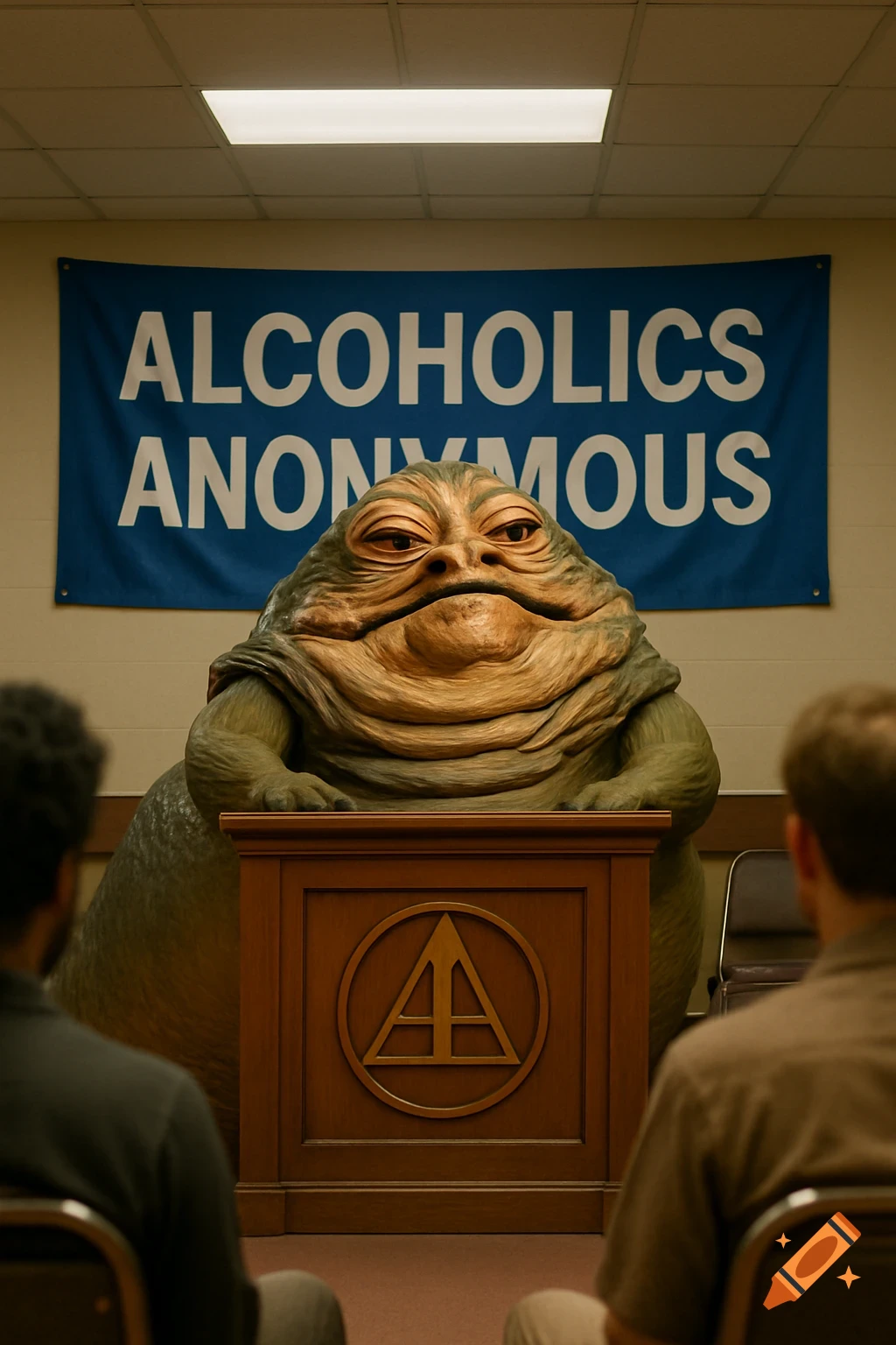 Jabba the Hutt behind a podium at an Alcoholics Anonymous meeting, with a banner behind him.