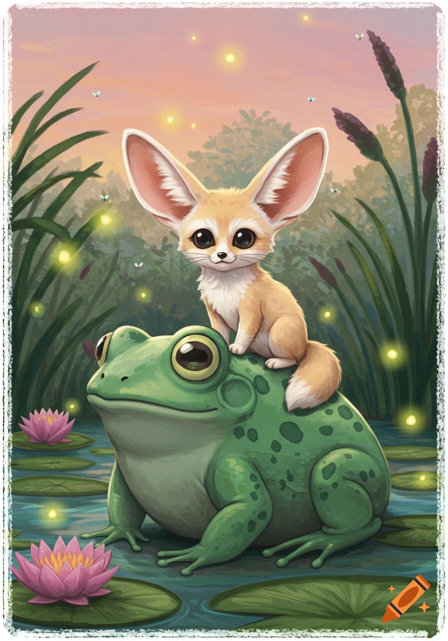 A cute cartoon fennec fox with large ears sits on the back of a large green frog in a pond with lily pads and fireflies at dusk.