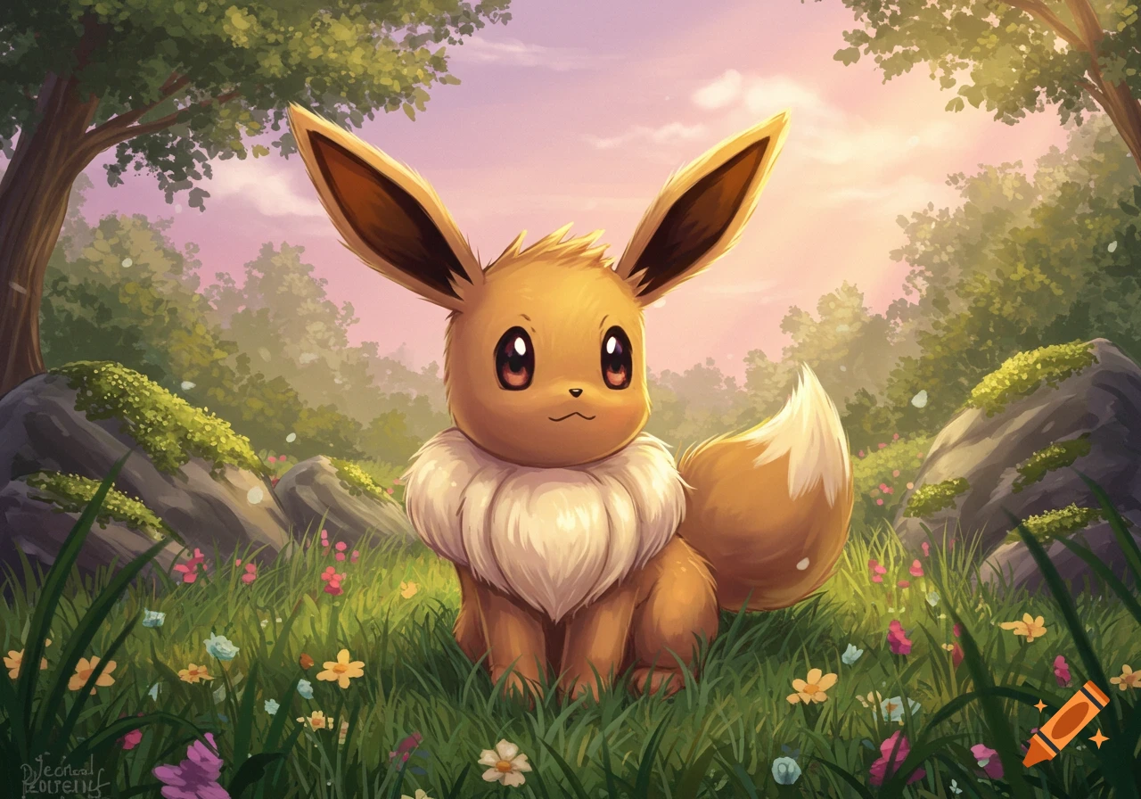 An illustrated Eevee sitting in a green field with colorful flowers under a warm, pink and orange sky at sunset.