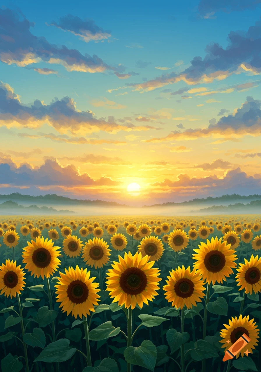 A vast field of vibrant yellow sunflowers under a colorful sunrise sky with clouds.