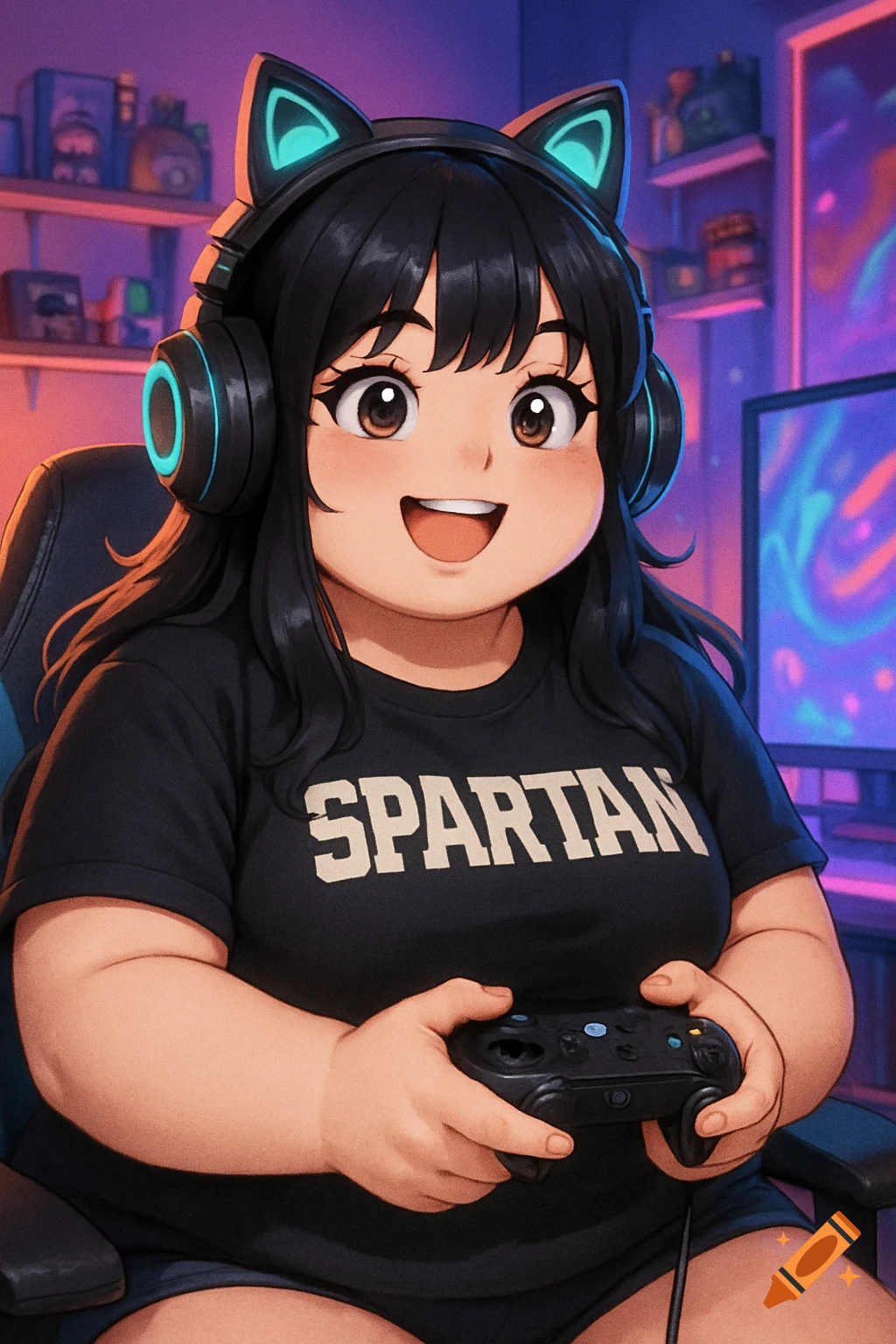 A smiling anime gamer girl with black hair and cat ear headphones wears a 'SPARTAN' t-shirt while holding an Xbox controller in a neon-lit game room.