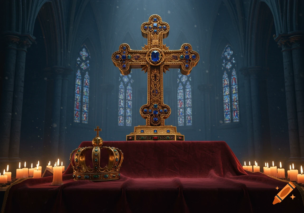 Ornate golden cross and crown on a red velvet altar, surrounded by candles in a grand cathedral with stained glass windows.