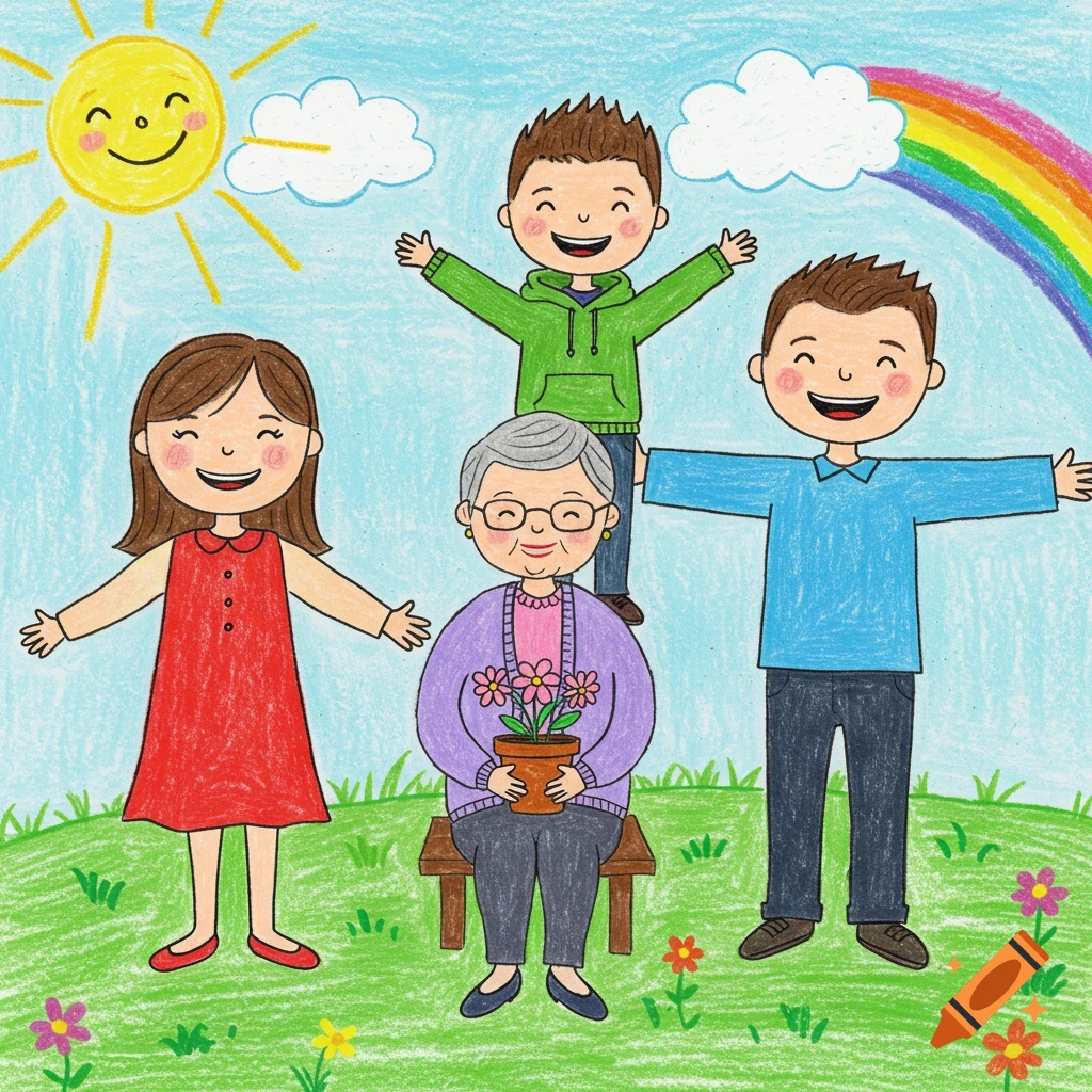 A cheerful, childlike crayon drawing of a family in a grassy field with a sun and rainbow. A woman, an older woman holding flowers, and two boys smile with outstretched arms.