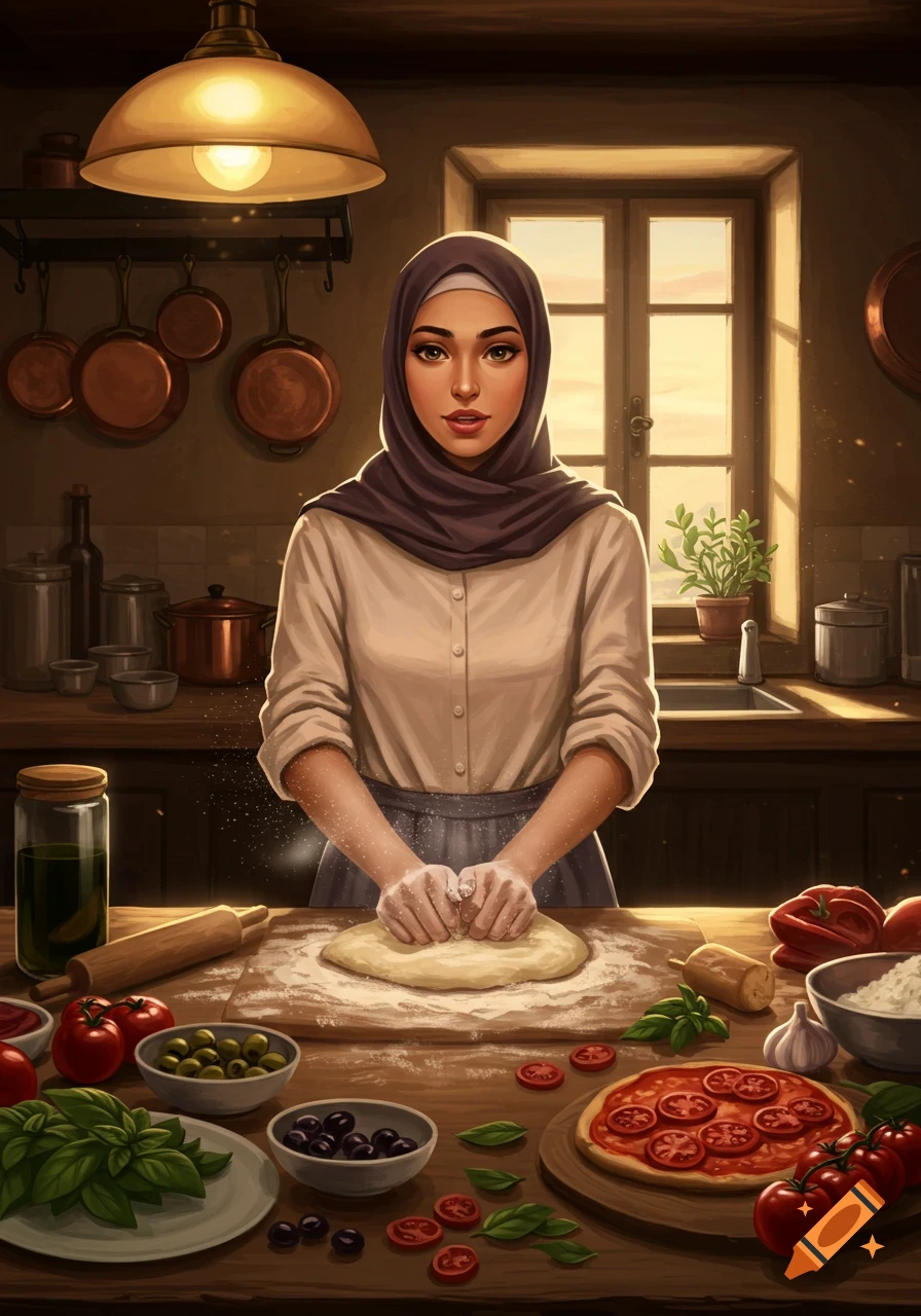 A woman wearing a hijab is kneading dough on a wooden counter in a rustic kitchen, surrounded by ingredients for pizza.
