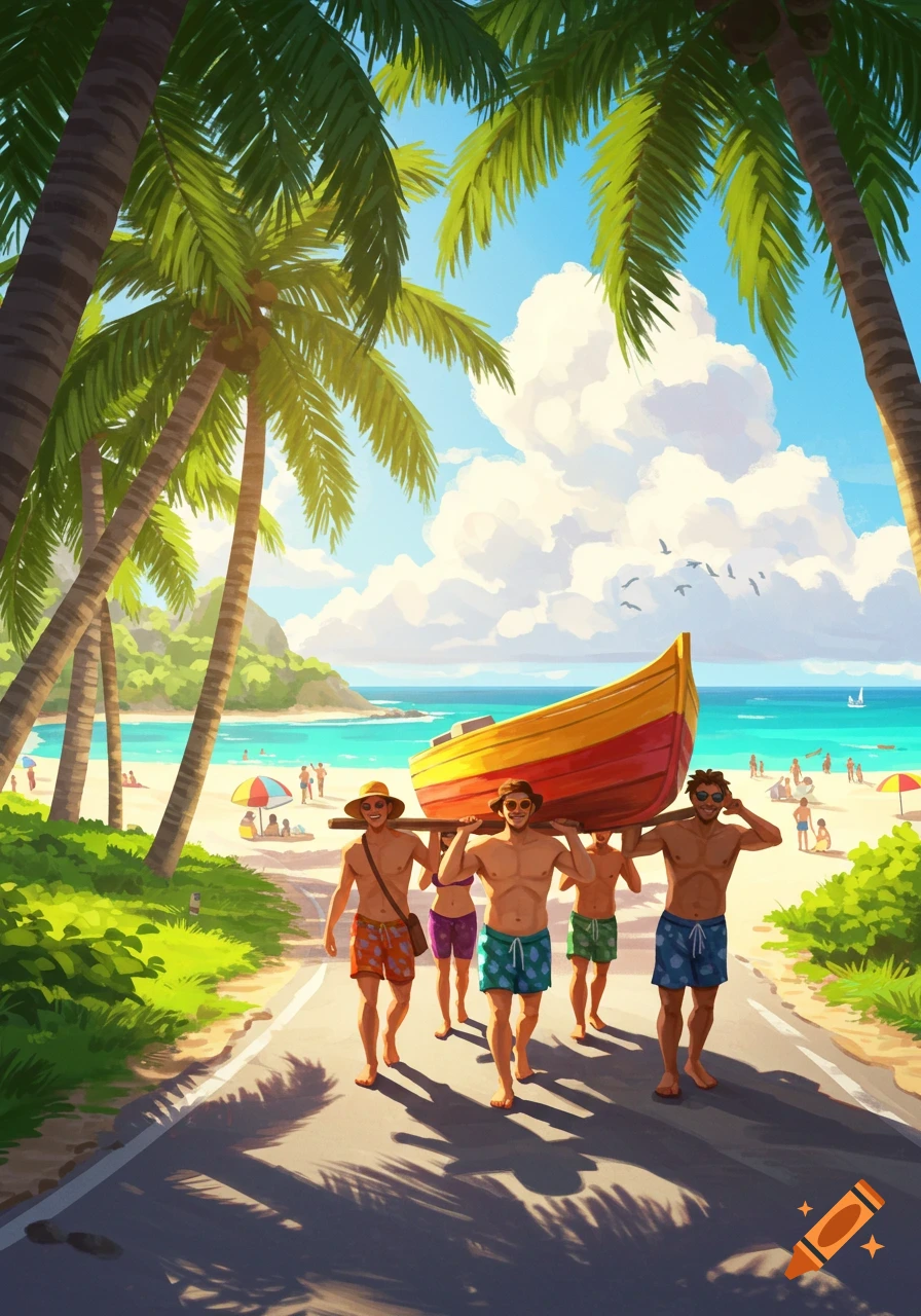 A group of men carrying a red and yellow boat on their shoulders down a road towards a sunny beach lined with palm trees.