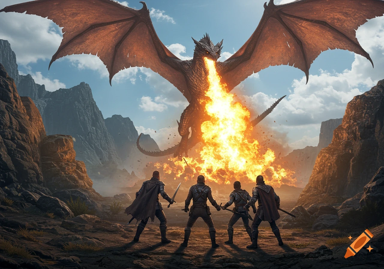A photorealistic image shows a large dragon with outstretched wings breathing fire on four armored adventurers in a rocky mountain landscape.