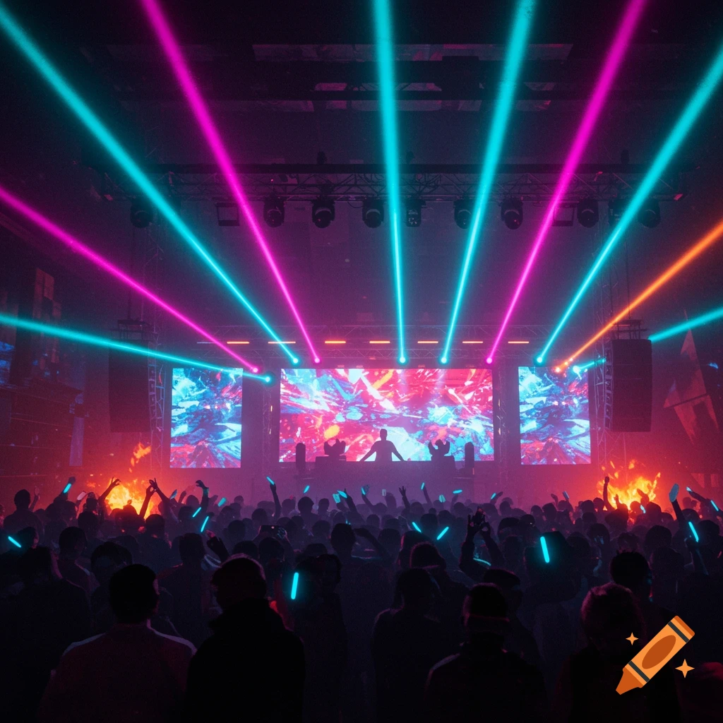 A large crowd attends a vibrant rave, with neon pink, blue, and orange laser lights illuminating the stage and abstract visuals on screens.