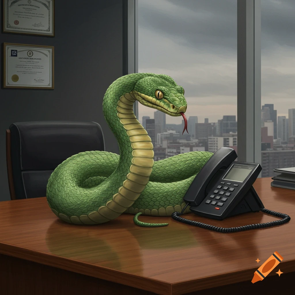 A green snake on an office desk next to a phone. A city skyline is visible through the window.