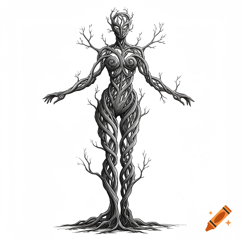 A black and white line drawing depicting a humanoid figure made entirely of tangled tree branches, rooted at the bottom.