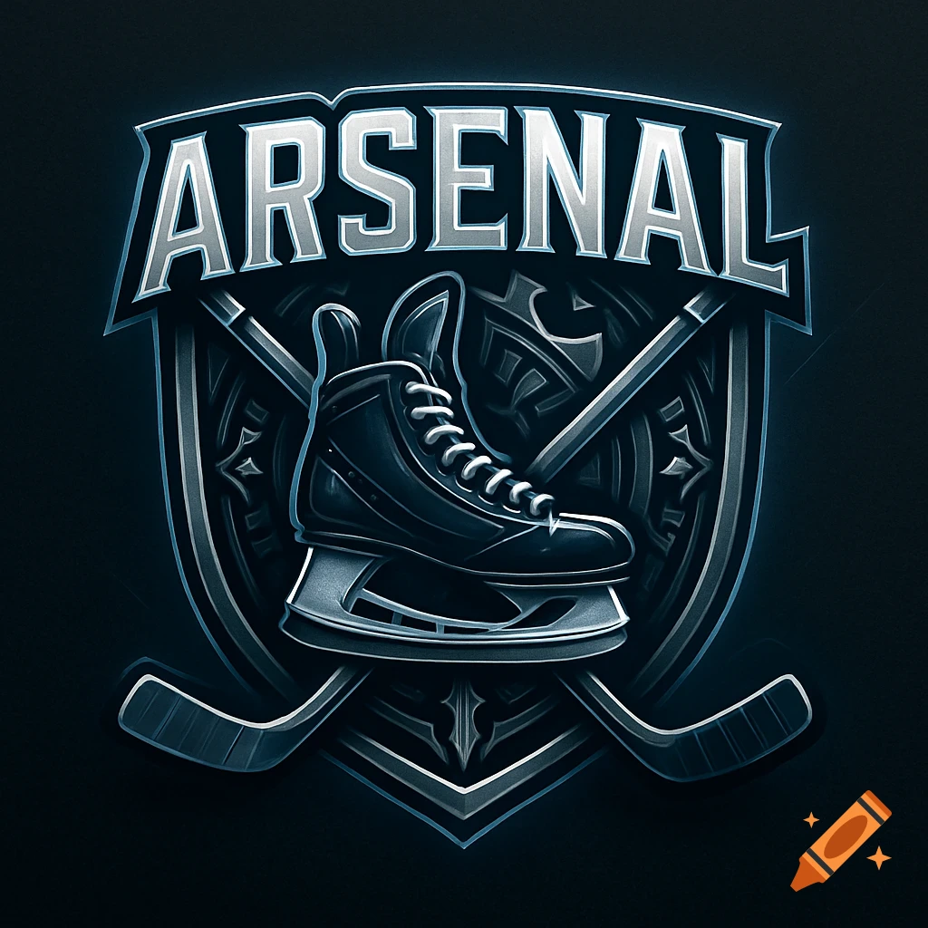 A stylized hockey logo featuring an ice skate and two crossed hockey sticks on a shield, with the word ARSENAL at the top.