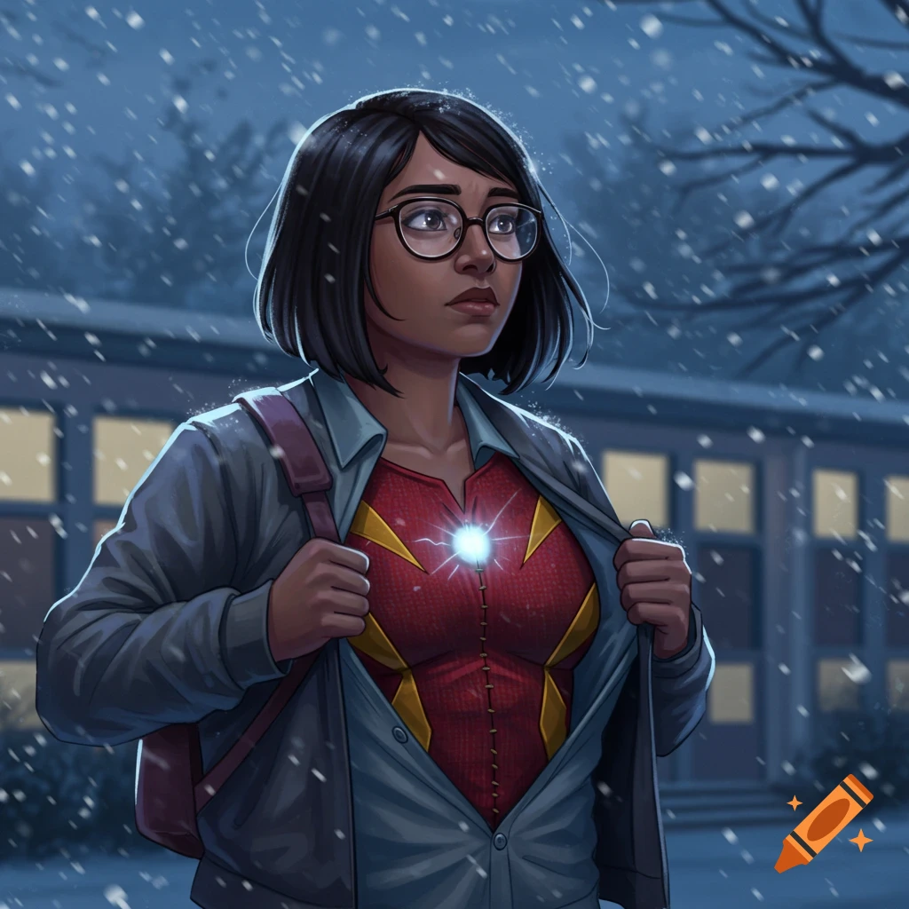 Young woman in glasses reveals a red and yellow superhero suit with a glowing chest emblem under her jacket in the snow.