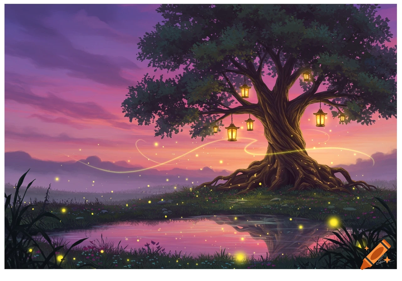 A magical landscape featuring a large tree with lanterns, a pond, and glowing fireflies under a purple and pink sky.