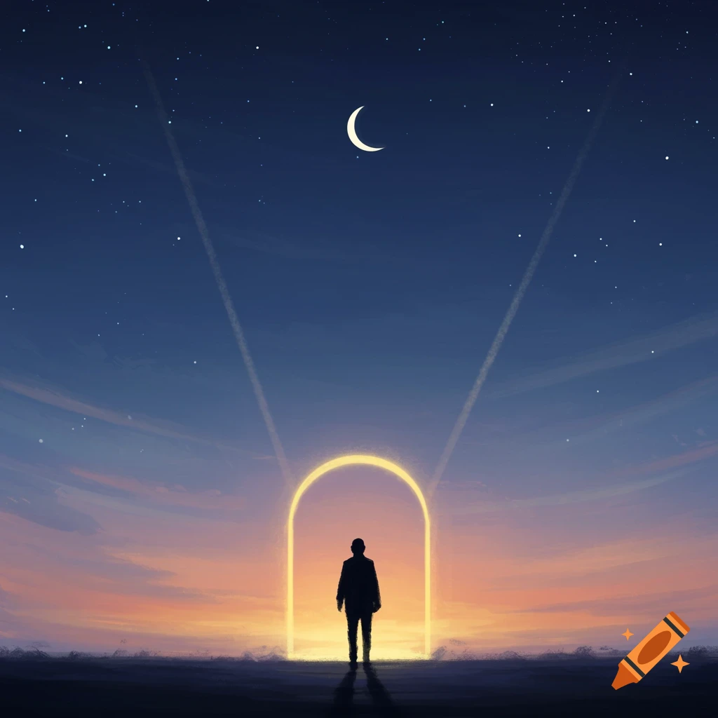 A silhouette of a person standing before a glowing archway under a starry night sky with a crescent moon and warm horizon colors.