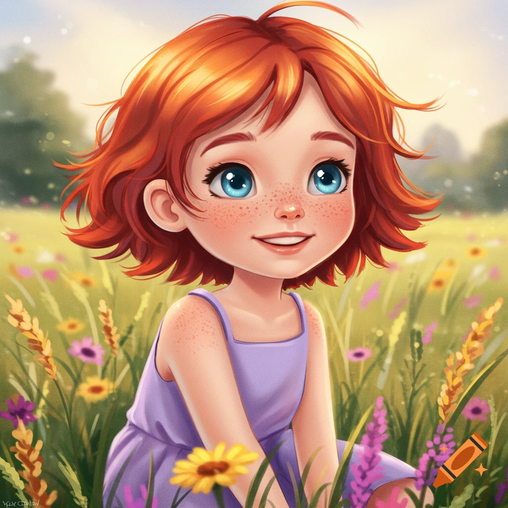 An illustrated, cute cartoon girl with red hair, blue eyes, and freckles smiles while kneeling in a field of colorful flowers.