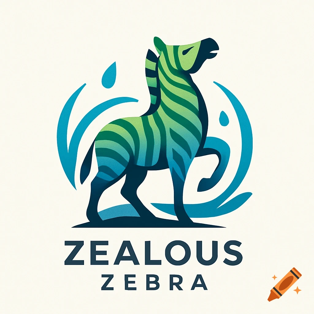 A colorful logo featuring a green and blue zebra with abstract blue water elements behind it and the text "ZEALOUS ZEBRA" below.