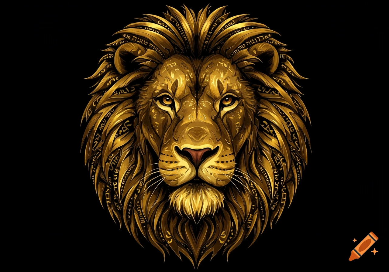 A majestic golden lion's head, highly stylized with intricate patterns resembling Hebrew letters on its mane and face, set against a solid black background. The lion faces forward, its eyes a bright amber.
