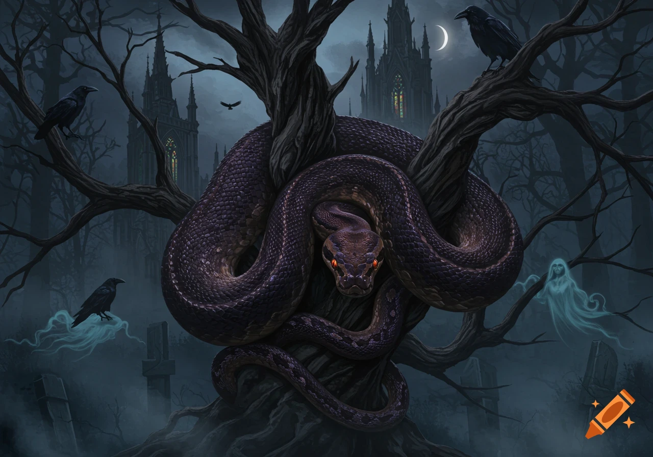 A purple python coils around a dark tree in a foggy gothic forest with ravens, ghosts, and a castle under a crescent moon.