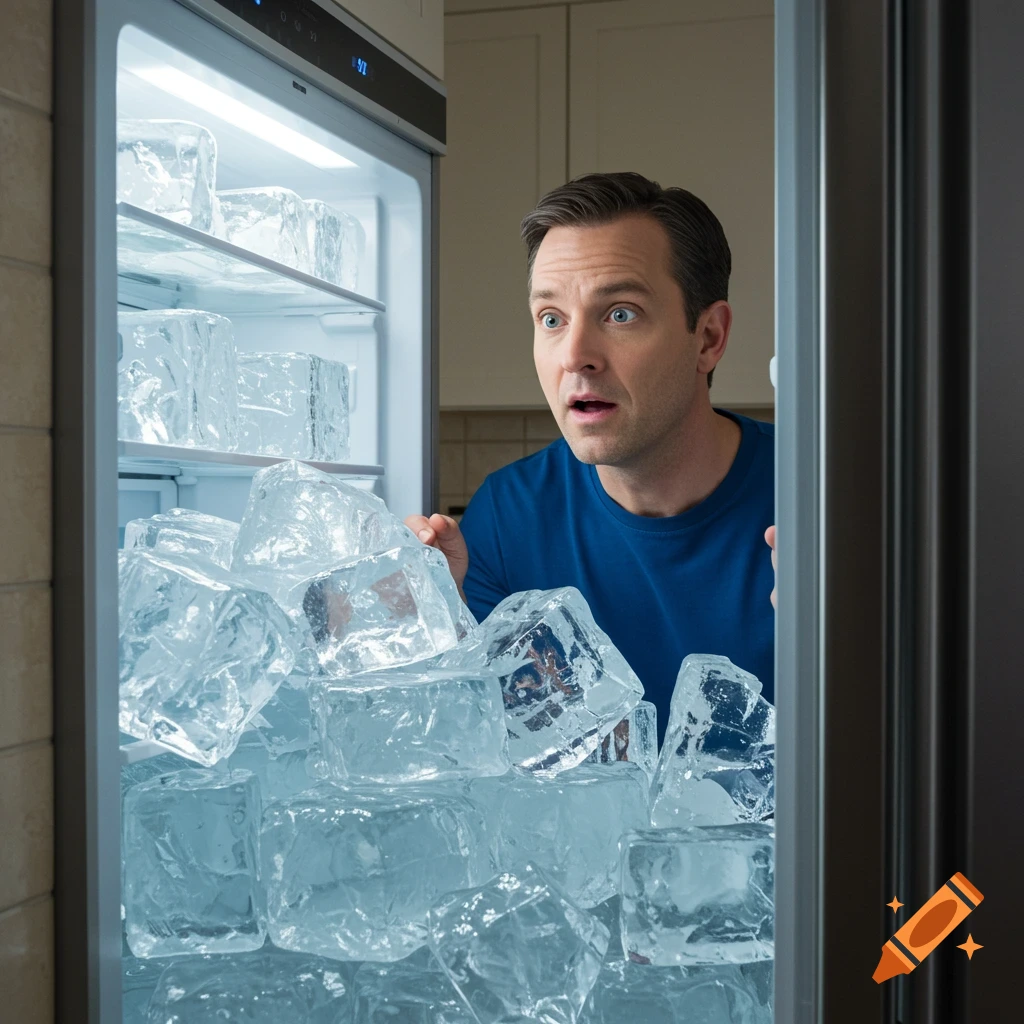 A man with a shocked expression peers into a refrigerator overflowing with large, clear ice cubes in a photorealistic style.