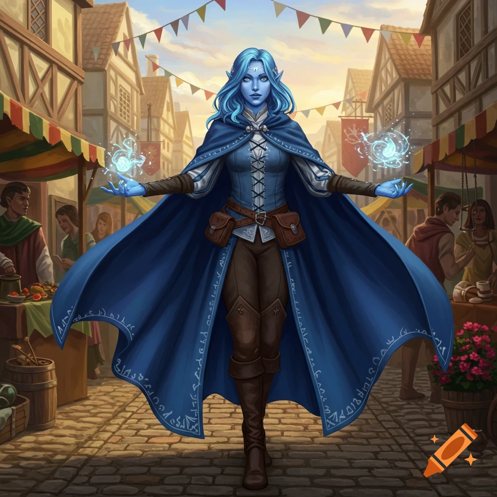 A blue-skinned female mage in a blue cape casts spells in a bustling medieval market.