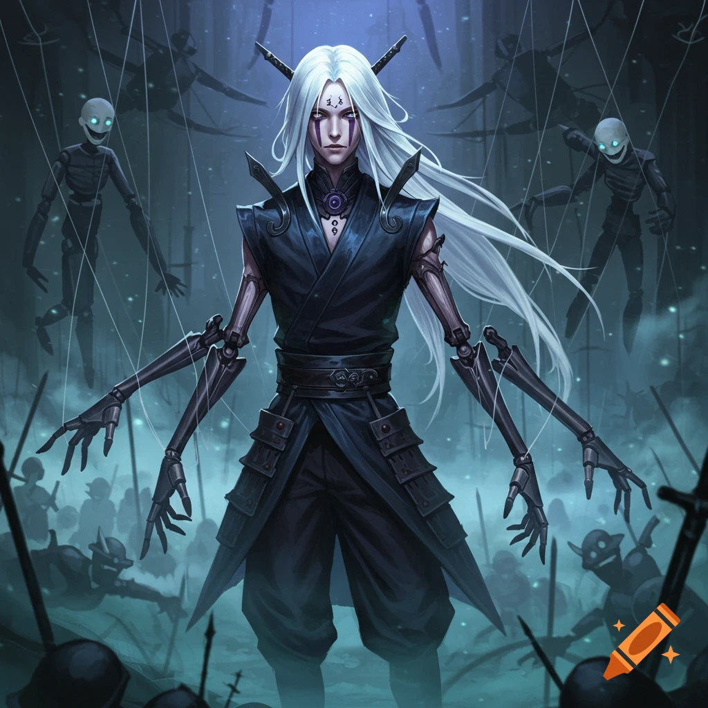 Anime-style male puppet master with white hair and mechanical arms on a misty battlefield with eerie puppet constructs.