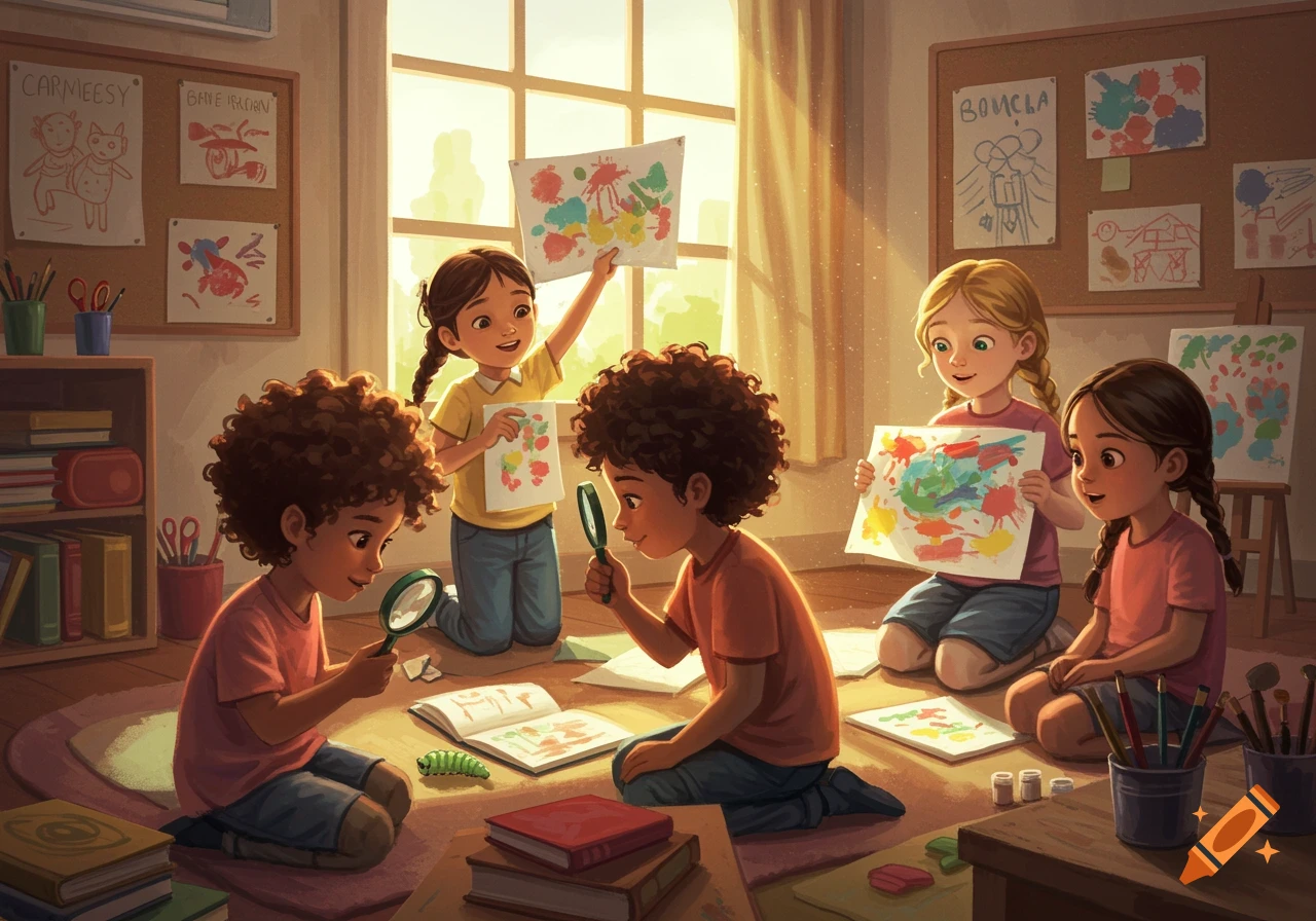 Children learning and making art in a bright classroom, with some looking through magnifying glasses at a caterpillar.