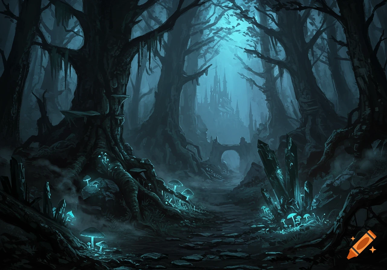 A dark, mystical forest with glowing blue mushrooms and crystals, leading to a distant castle and bridge under a bright, misty sky.