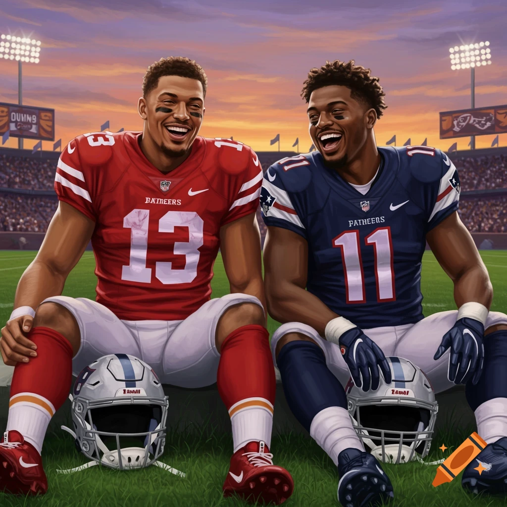 Two smiling football players, one in red jersey number 13 and one in blue jersey number 11, sit on a field with helmets by their feet during sunset.