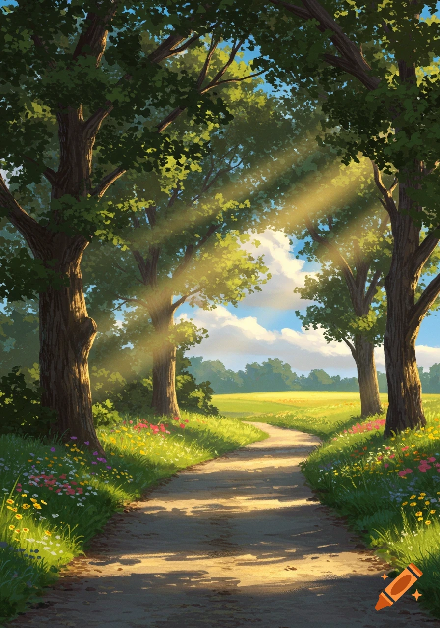 A winding dirt path through a sun-dappled forest with tall trees and wildflowers along the sides, leading to a bright, open field under a blue sky.