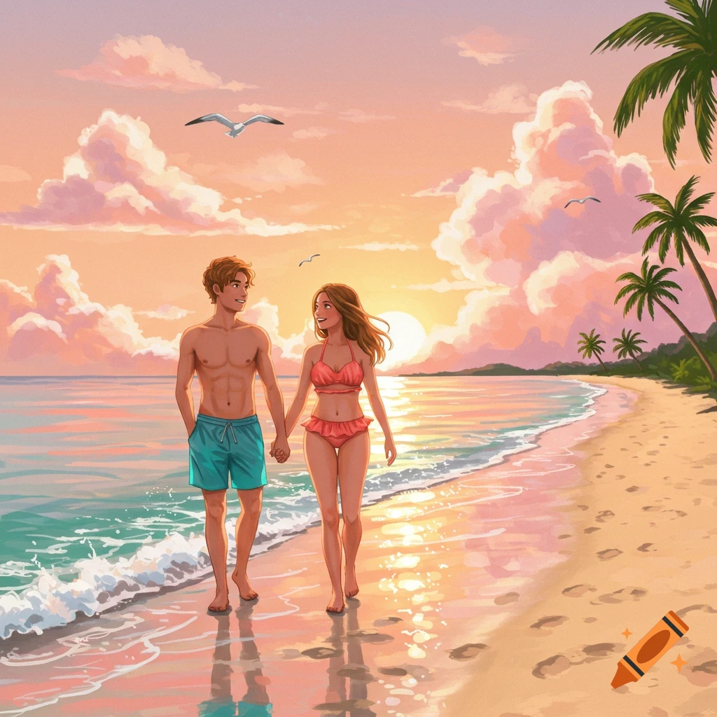 An illustrated teen couple walks hand-in-hand along a sandy beach at sunset, with waves crashing, palm trees, and gulls overhead.