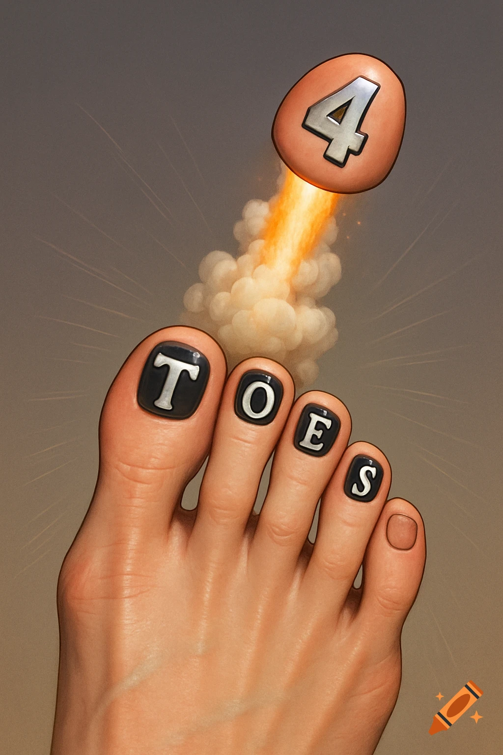 An illustration of a human foot with black nail polish. The big toenail has a silver number '4', and the other toenails spell 'T O E S'. The big toe is depicted as a rocket blasting off with fire and smoke.