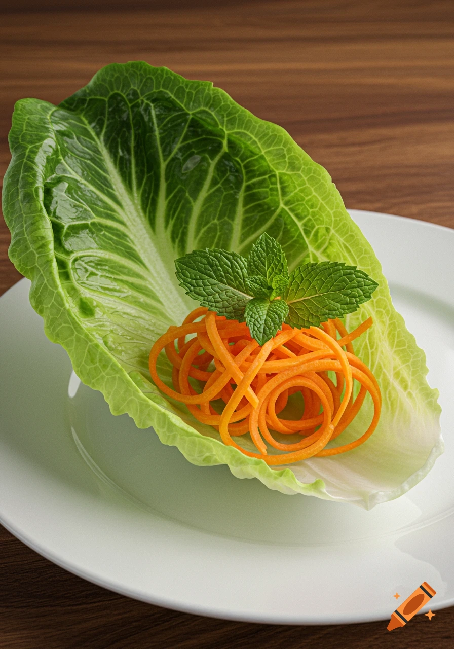 A single romaine lettuce leaf holding shredded carrots and mint leaves on a white plate with a wooden background.