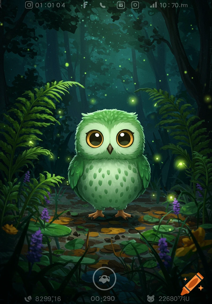 A cute, round, green cartoon owl with large golden eyes stands in a dark, magical forest lit by glowing fireflies and purple flowers.
