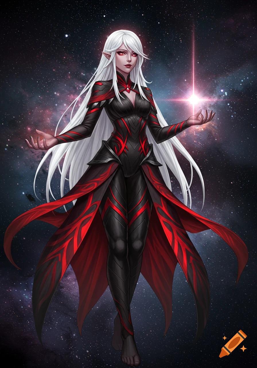 Full body digital art of a white-haired elf woman in a black and red outfit, standing against a cosmic background.