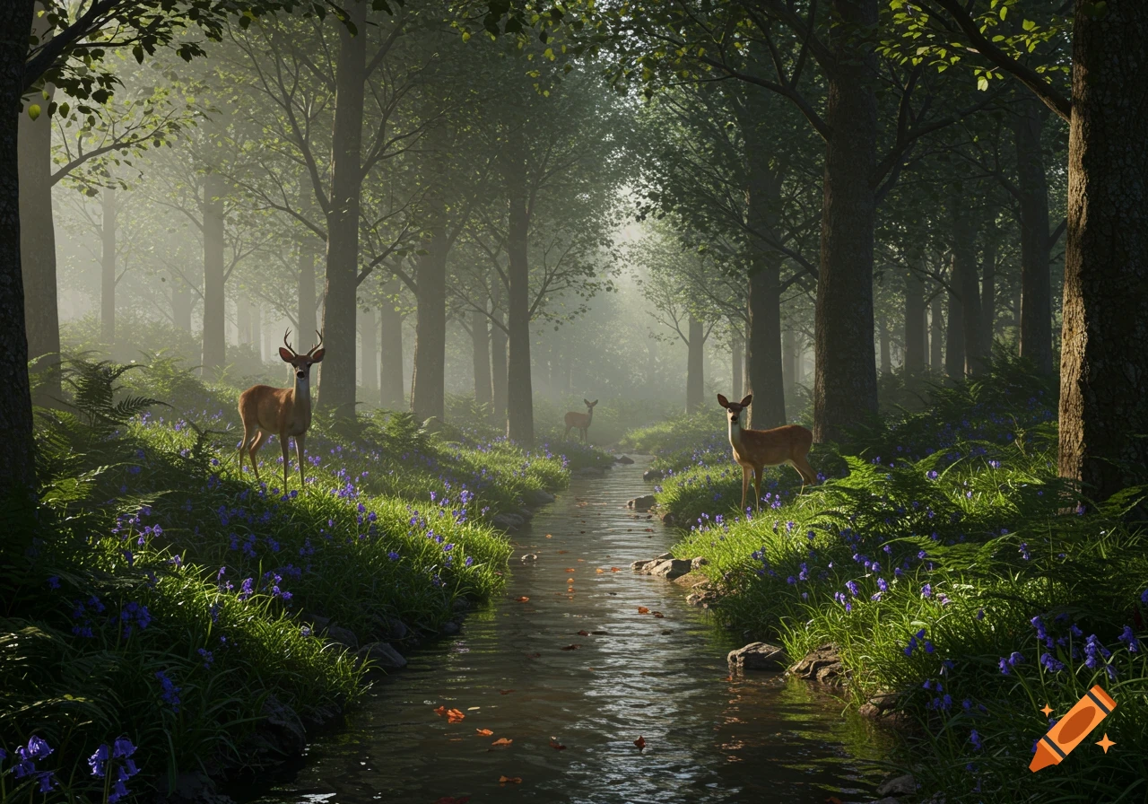 A serene, misty forest scene with a stream, purple flowers, and three deer. Photorealistic.