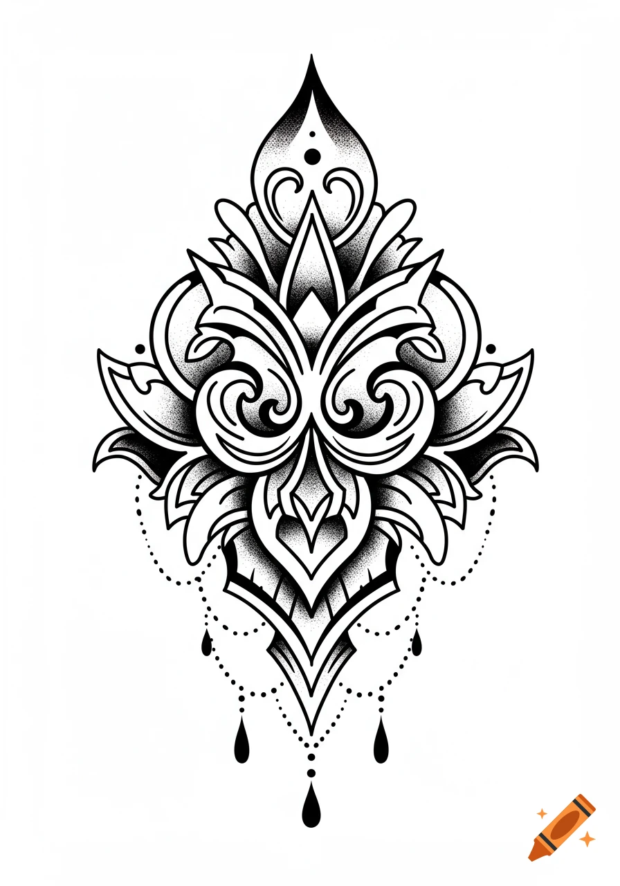 Black and white symmetrical stylized tattoo design with intricate lines and dot shading.