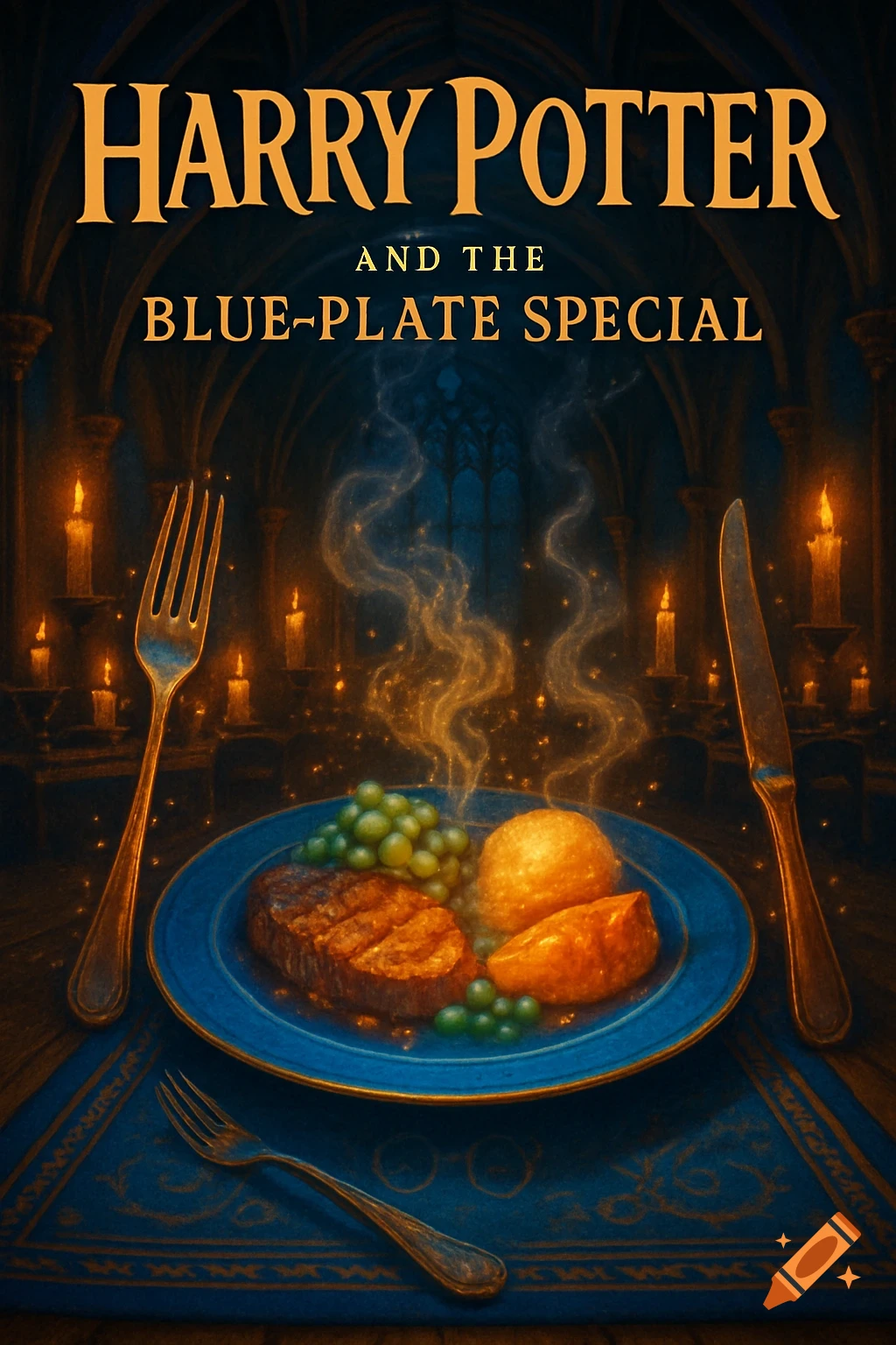 A book cover for 'Harry Potter and the Blue-Plate Special' showing a magical dining hall with a steaming meal on a blue plate.