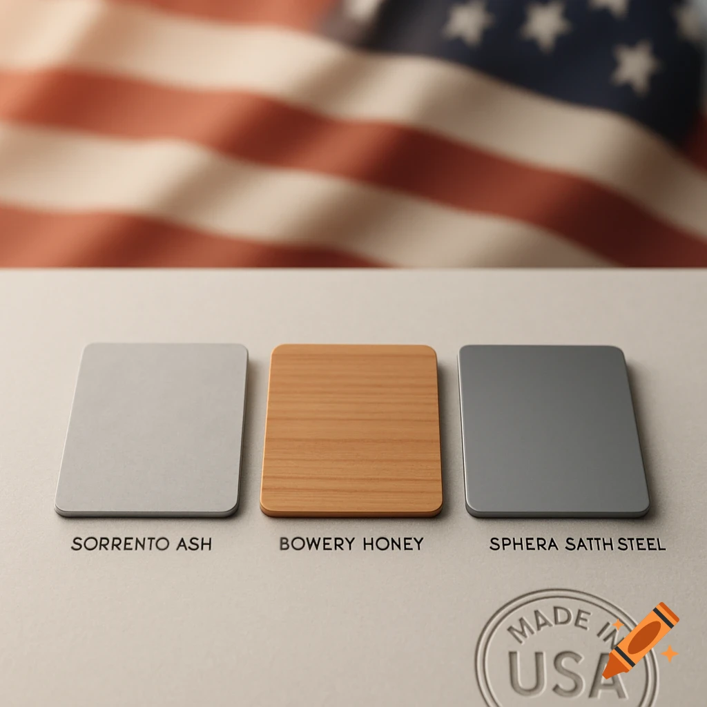 Three product swatches (light gray, wood, dark gray) on a light surface with an out-of-focus American flag in the background. Text labels include "SORRENTO ASH," "BOWERY HONEY," and "SPHERA SATTH STEEL." A "MADE IN USA" seal is embossed in the corner.