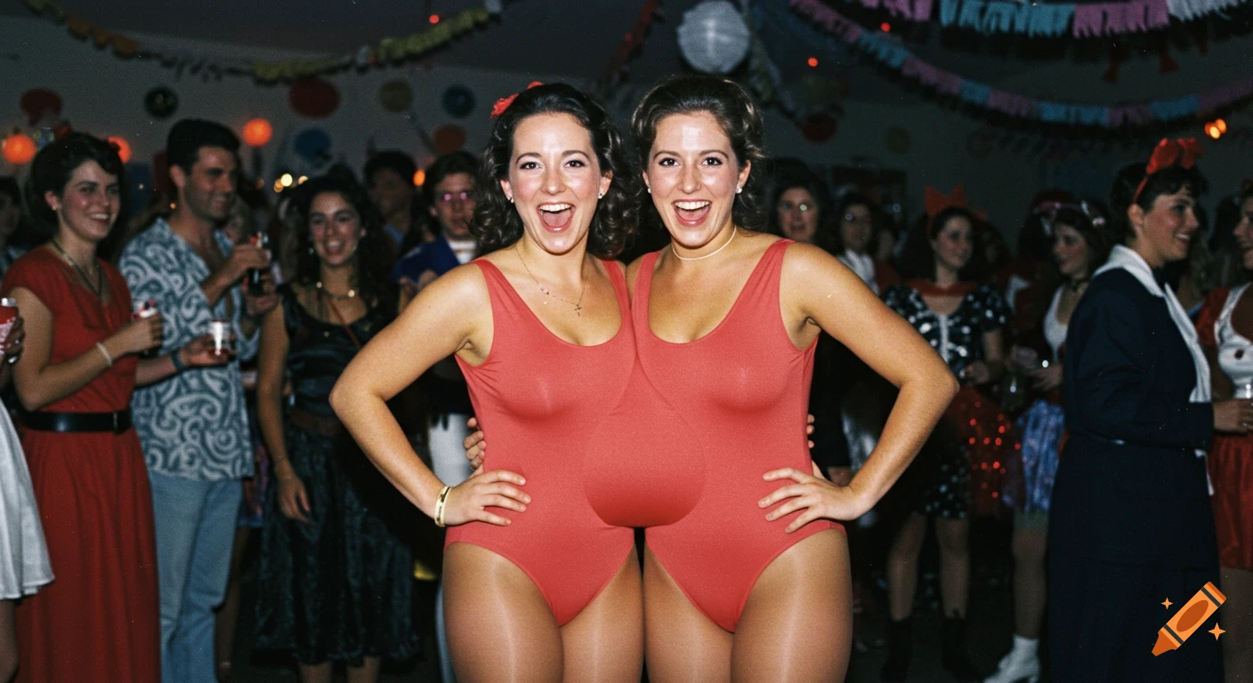 Two women in a shared red leotard creating a two-headed illusion at a 1995 Halloween party.